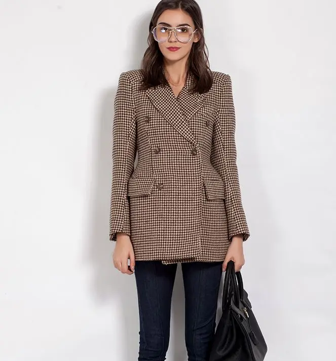 

Slim Wool Suit Jacket 2018 Winter Autumn New Fashion Elegant Brown Plaid Women's Blazers Vintage Office Wear