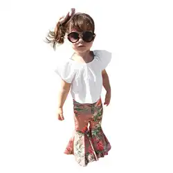 2 шт. для малышей Детская одежда для девочек цветочный с открытыми плечами комплект со штанами и футболкой наряды детская одежда для