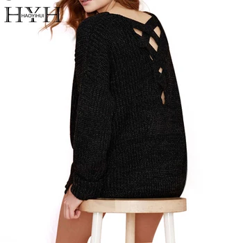 

HYH HAOYIHUI 2017 Brand New Autumn Women Fashion Casual Loose Crew Neck Cut Out Long Sleeve Pullover Split Knitting Sweater