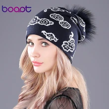 [boapt] облако печать кашемир вязаный колпачки реальный енот мех пом пом мода женский пол кепка зимняя шапка головные уборы для шапки женские шляпа черепа черепах шапка