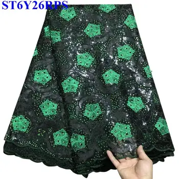 

Green + Black embroidered sequins french tulle lace fabrics High Quality beaded Organza Lace fabric For Wedding Dress C002