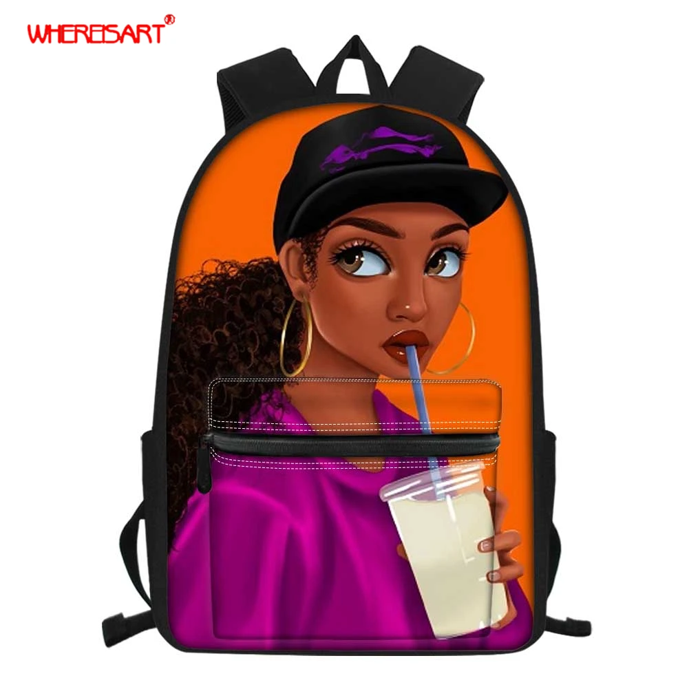 

WHEREISART Cartoon Drawing School Bags for Teenage Girls American African Afro Characters Backpack Women Teen Student Bookbag