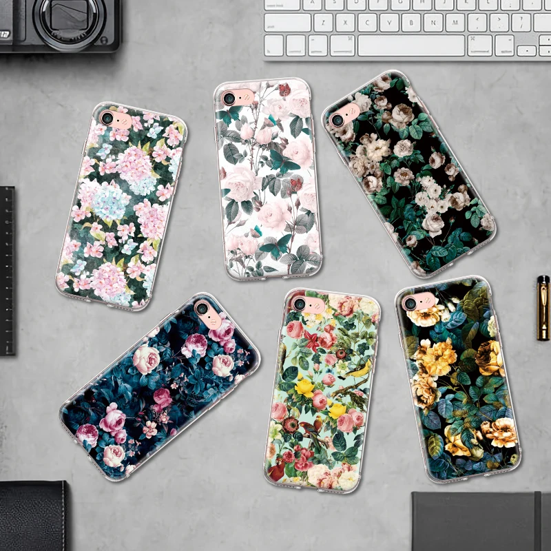 

For Iphone 4 4S 5 5S SE 6 6S 7 8 Plus X TPU Soft Back Cover Garden Flower Suflower Yellow Pink Roses Silicone Case Bumper Fundas