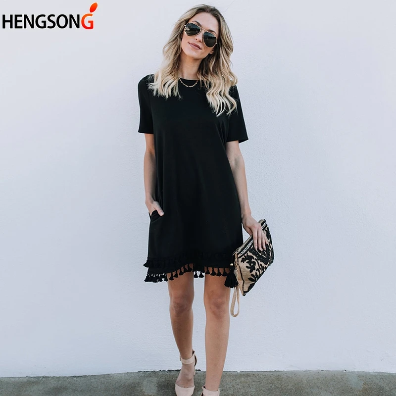 Women Dress With Pocket Short Sleeve Deep O-Neck Hem Tassel Summer Beach Classic Black |
