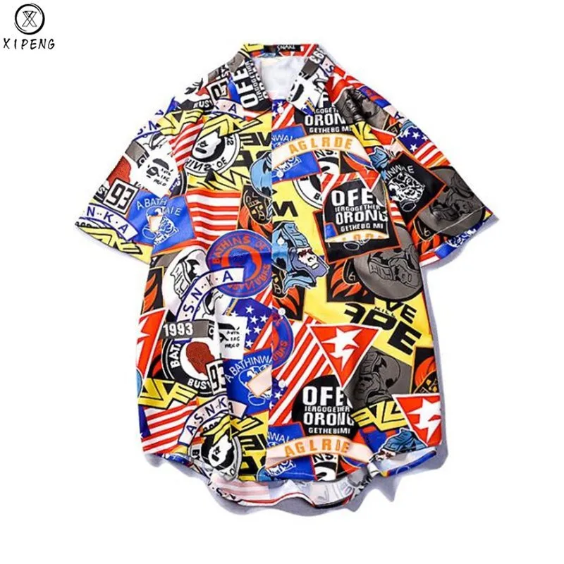 

Mens Short Sleeve Hawaiian Shirt Harajuku 3D American Flag Letter Print Dress Shirt Summer Casual Camisas hombre