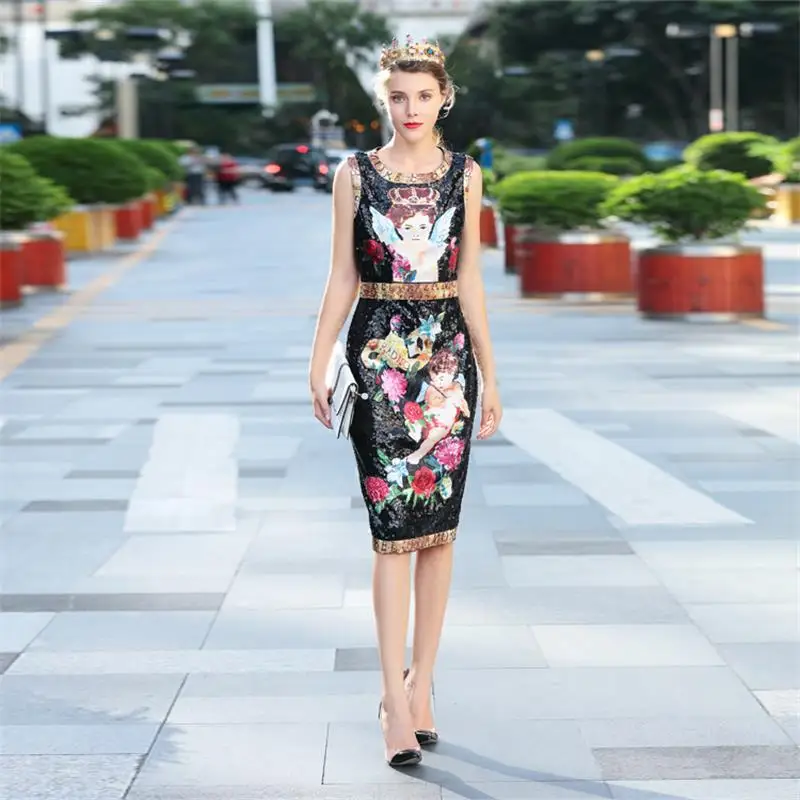 Sans Robes Qualité Automne Robe Piste Femmes Manches 2019 cou Haute Npd0868n Crayon O Imprimé De Paillettes pwSccAqC1R
