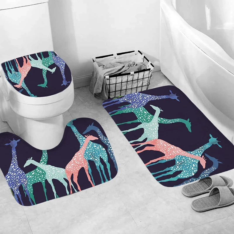 4Pcs Home Bathroom Decor Set Bathroom Giraffe Pattern Toilet Seat Cover Bath Mat Set+ Waterproof Shower Curtain
