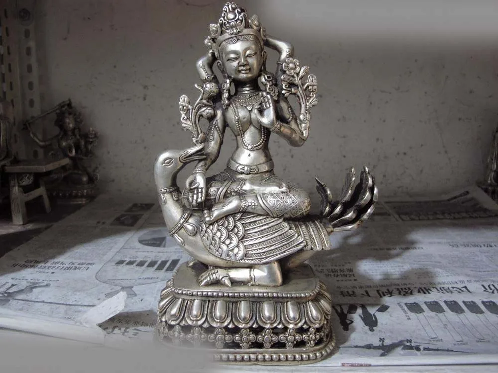 

Tibet White copper silver Ride Duck Guan Yin Kwan-yin Boddhisattva Buddha Statue SD 506