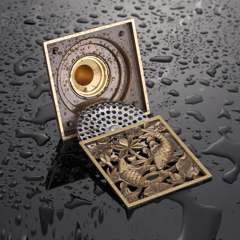 Antique-Brass-Square-Fish-Floor-Drain-Shower-Waste-Grate-Strainer-Assembly-4-Inch-Floor-Drain (3)