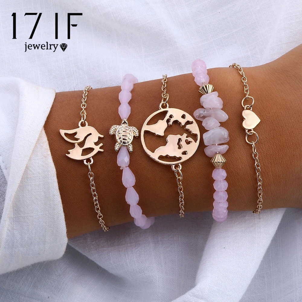 

17IF 5 Pcs/ Set Bohemian Vintage Turtle Map Heart Love Bead Chain Multilayer Gold Bracelet Set Women Cute Party Jewelry Gifts