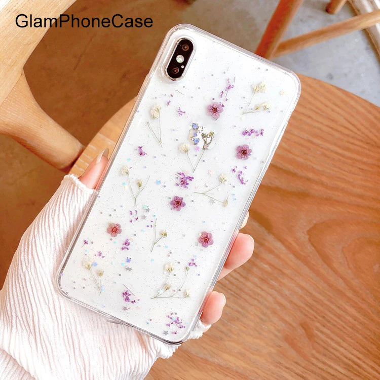 Прозрачный мягкий чехол GlamPhoneCase из ТПУ с фиолетовыми высушенными цветами для iPhone