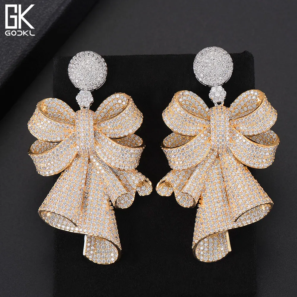 

GODKI 75MM Luxury Flower Bowknot Nigerian Long Dangle Earrings For Women Wedding Cubic Zircon Crystal CZ Dubai Bridal Earrings