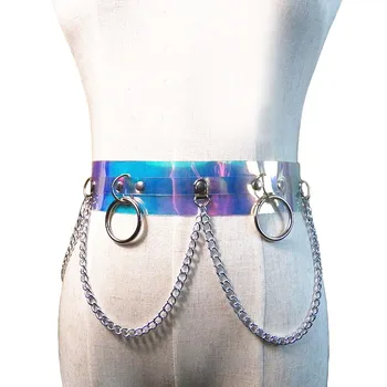 

New Transparent color PU Leather wide Belts For Women silver Metal Chain Waist Belt Dancing Girl Belt Female Accessories Dress
