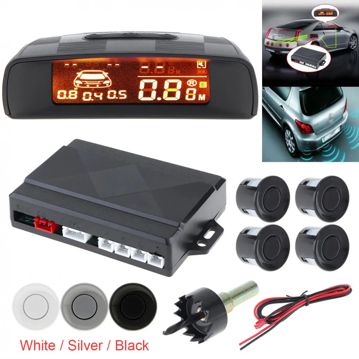 4 Parking Sensors LCD LED Display Car Reverse Radar System Alarm Kit