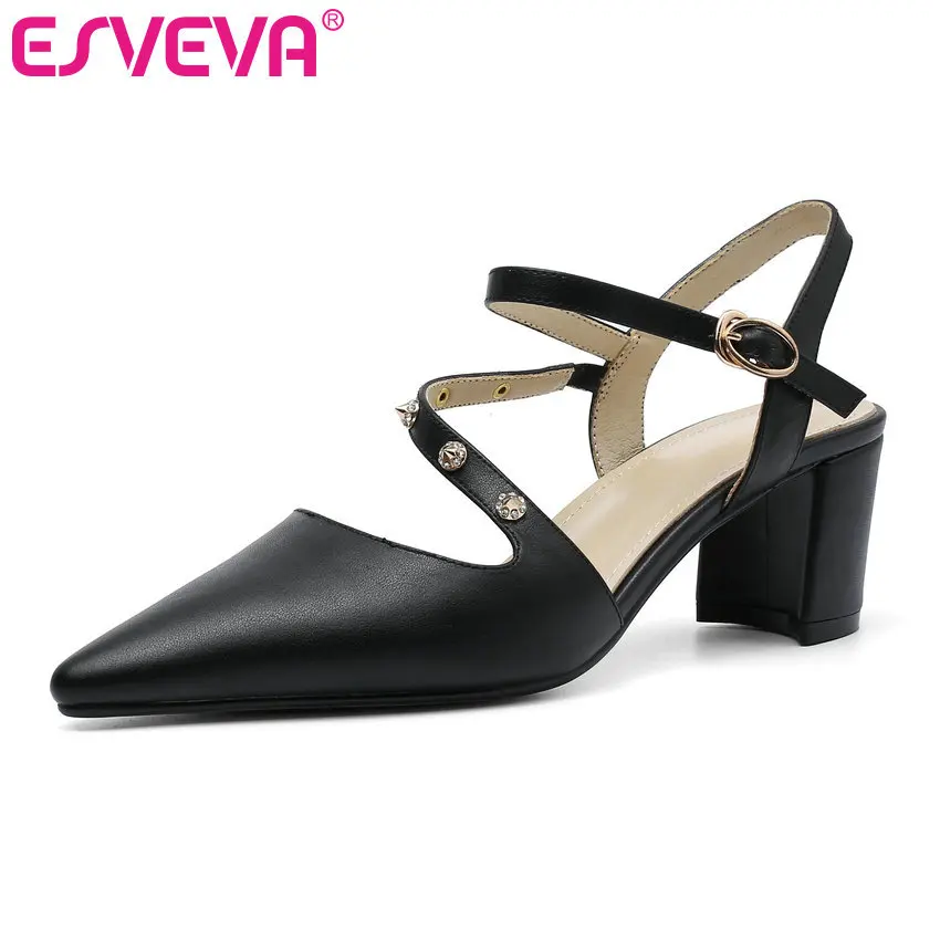 

ESVEVA 2019 Women Sandals Cow Leather+PU Summer Square Toe Crystal Sweet Style Med Heel Ankle Strap Women Pumps Size 34-41