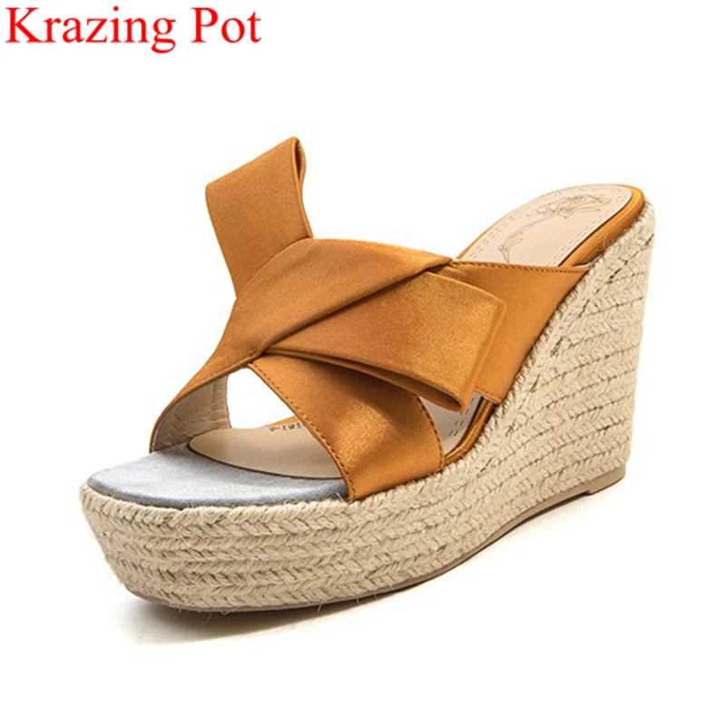 

2018 superstar peep toe silk slingback wedge women sandals slip on vacation mules high heels nightclub platform summer shoes L02