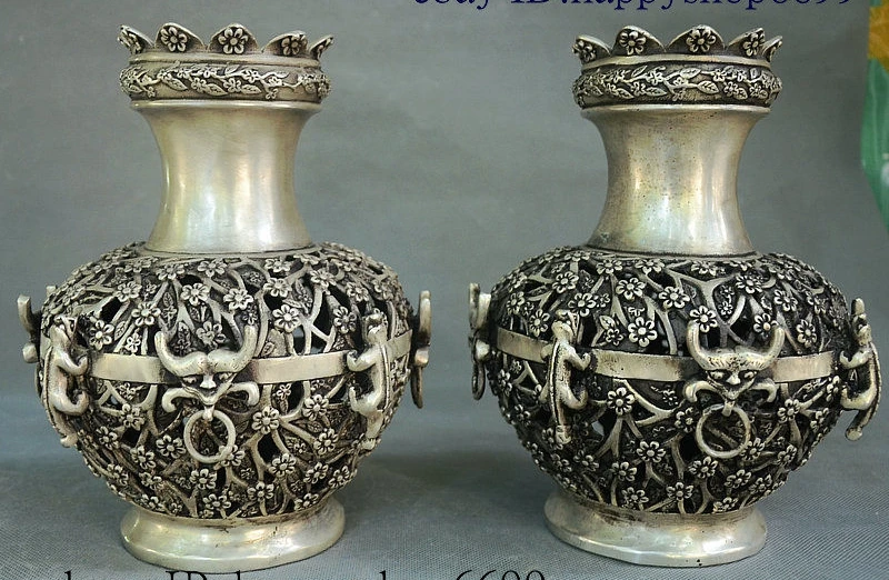 

Marked China Silver Carved Auspicious Unicorn Beast statue bottle Vase Pot Pair