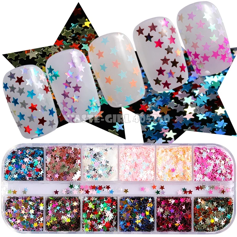 

12 Grids/Set Mix Colors Glitter Stars Pentagram Sequins Acrylic Nail Art Holographic Paillette Slice Decoration DIY CT24#