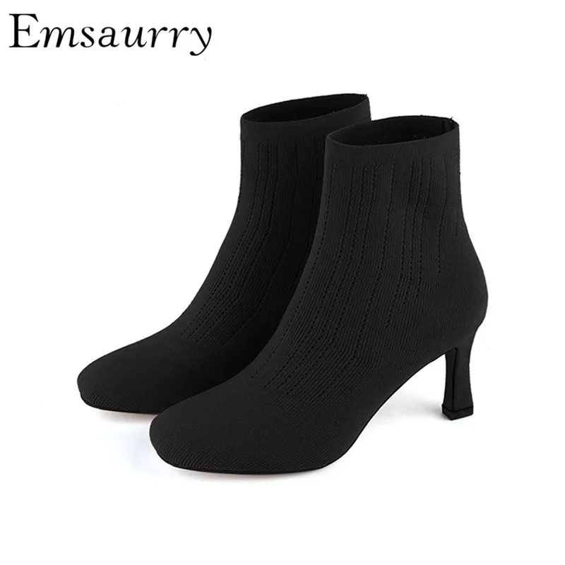 

Thin High Heel Ankle Boots Women Square Toe Wool Knitted Sock Boots Autumn Winter Knitting Short Booties