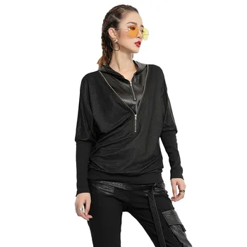 

Europe Women's Hip Hop Personality Spring Autumn New Pu Leather Patchwork Knitted Cowboy Bat Sleeve Double Zipper Loose T-shirt