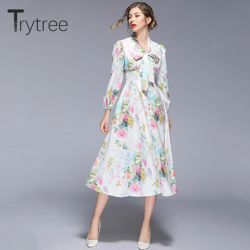 Trytree лето осень Романтическое Платье-рубашка с цветочным принтом женские платья