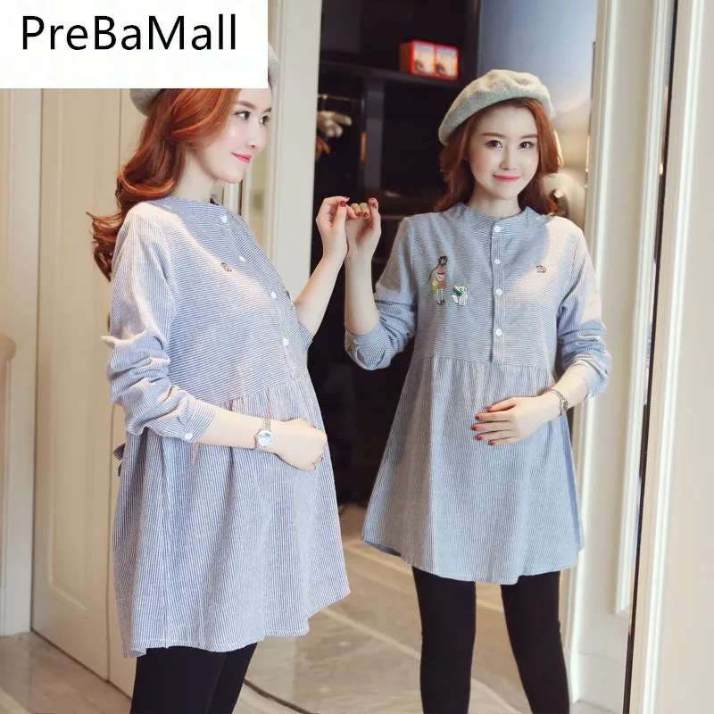 

PreBaMall Embroidery Maternity Dresses Breastfeeding Dress Clothes For Pregnant Women Nursing Striped Pregnancy Clothing B0585