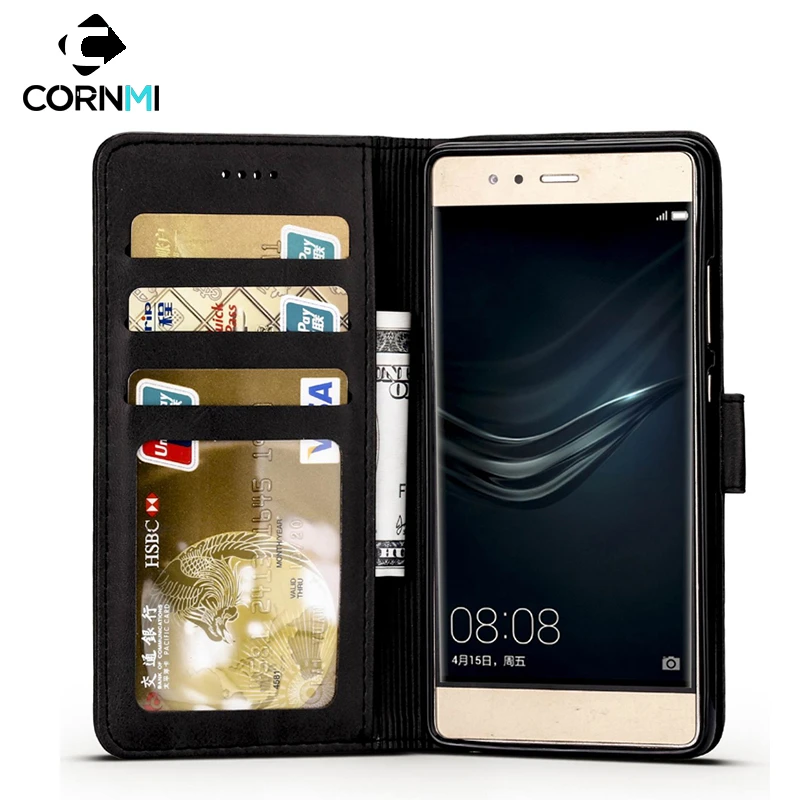 

Card Holder Case for Huawei P9 for P9 Plus Leather Phone Case Wallet Flip Cover For Man Woman Black Brown Rose Red CORNMI