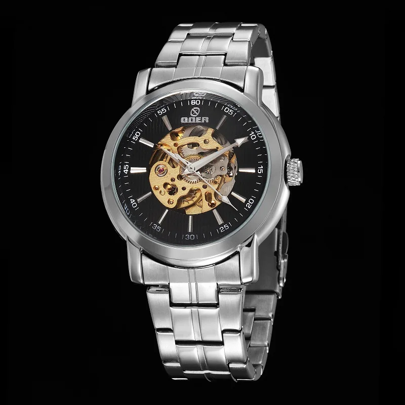 GOER brand Men s sports Mechanical Stainless Steel Wrist watch Automatic waterproof male Luminous Skeleton digital