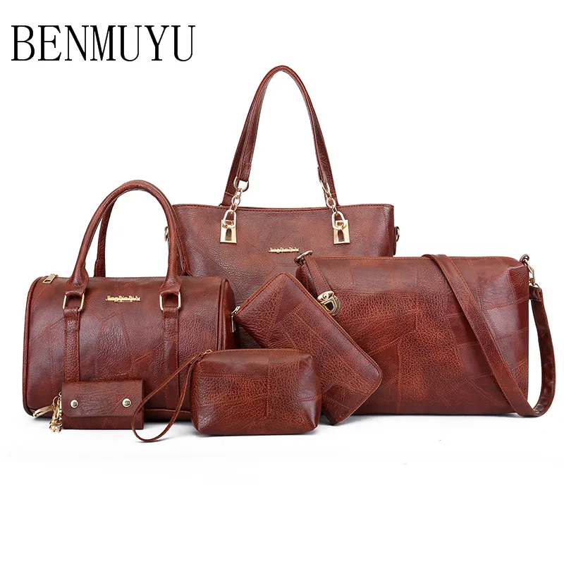 

6 pieces/set of leather women's bags 2018 new style, elegant oil wax leather vintage handbags, stylish one-shoulder slant bags