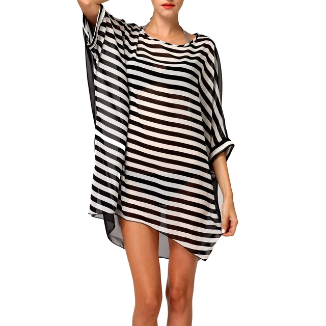 Best Price New Sale Bikini Swimwear Cover-Up Beach Dress Oversized Chiffon Bathing Suit Front White Black Stripe Back See-through Black Best Price New Sale Bikini Swimwear Cover-Up Beach Dress Oversized Chiffon Bathing Suit Front White Black Stripe Back See-through Black