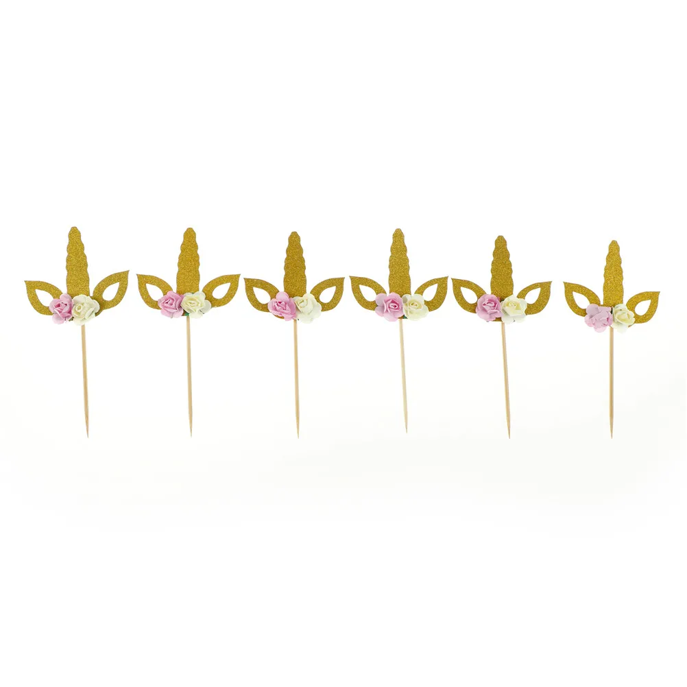 6Pcs/Set Cartoon DIY Unicorn Horns Flower Cupcake Cake Topper Kids Birthday Party Supplies Wedding Supplies Gifts