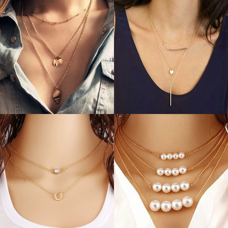 

Tenande New Fashion Multi Layer Clavicle Chain Triangles Leaves Simulated Pearl Necklaces Pendants for Women Valentine's Day