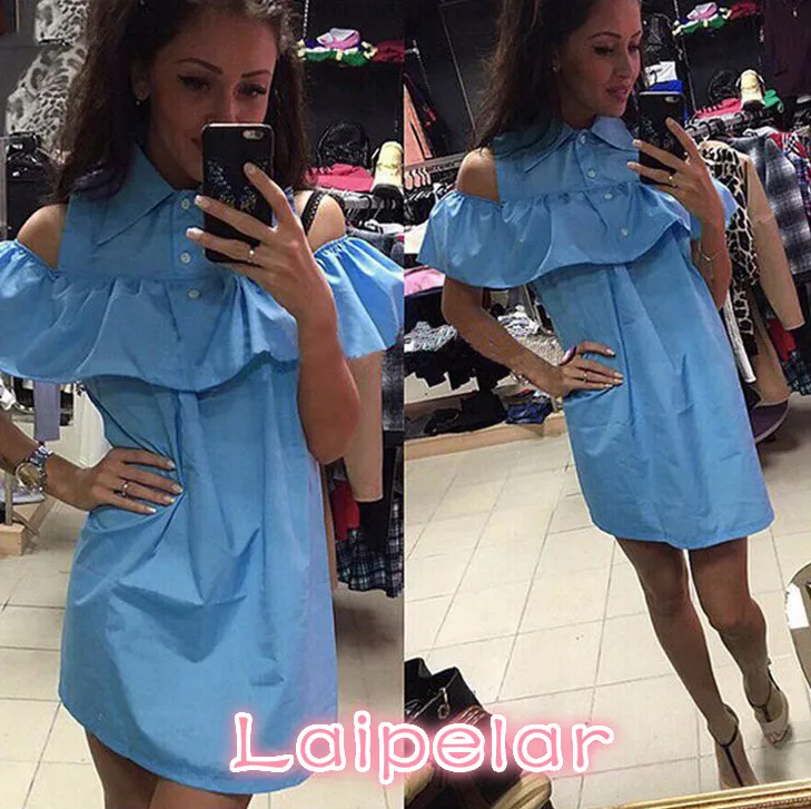 

Summer Shirt Dress 2018 New Fashion Off Shoulder Dresses Beach Casual Butterfly Sleeve Straight Blue Red Dress Vestidos Laipelar