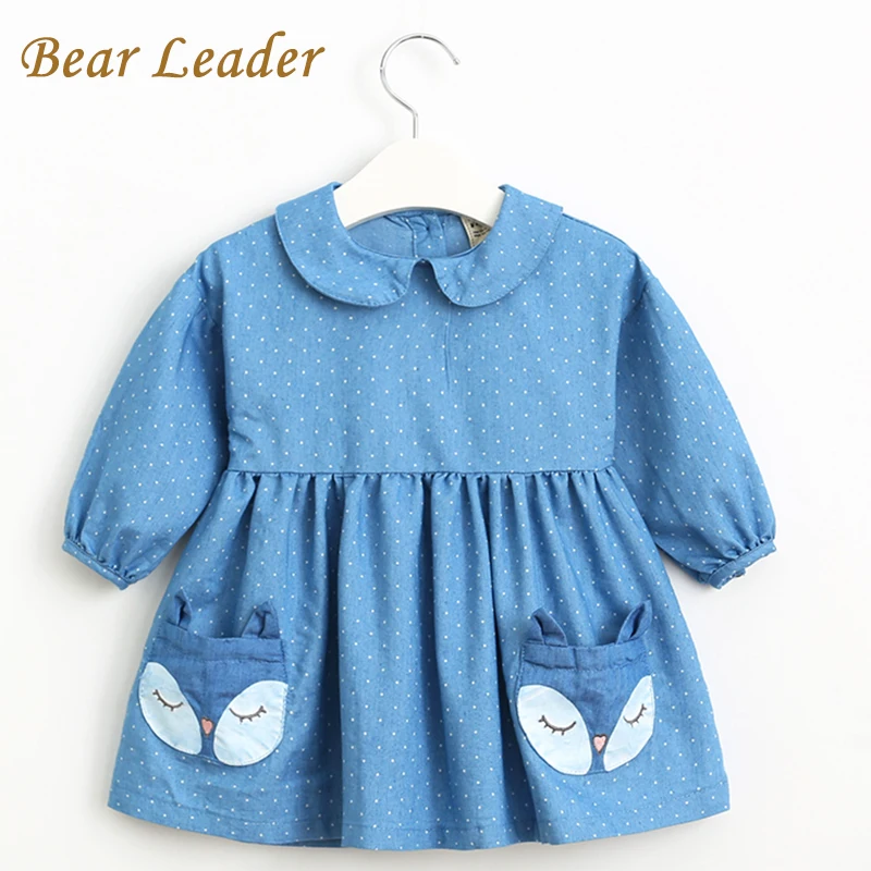 

Bear Leader Spring Denim Dress 2018 New Girls Dress Long Sleeve Lapel Dot Fox Pattern Pocket Design for Princess Dress 2-6Y