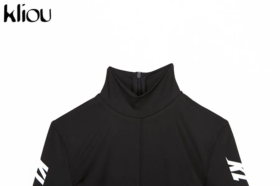 Kliou 2019 Женская модная спортивная одежда обтягивающий комбинезон платье-водолазка с длинными рукавами боди на молнии сзади полосатый с