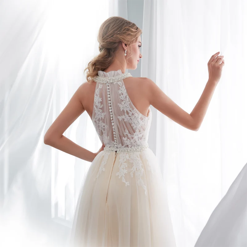 

Tulle Appliqued Lace Halter A-line Bridal Gown Dress Wedding Dresses Vestidos de Noivas Sexy Custom Made Plus 2019