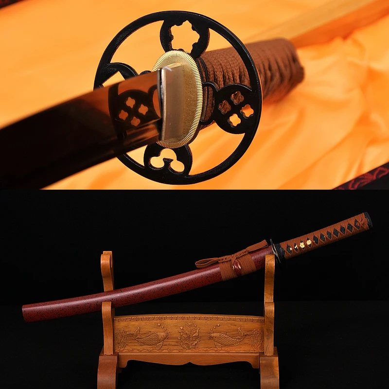 OIL QUENCHED FULL TANG JANPANESE SAMURAI SWORD WAKIZASHI DAMASCUS FOLDED STEEL BLACK&RED BLADE