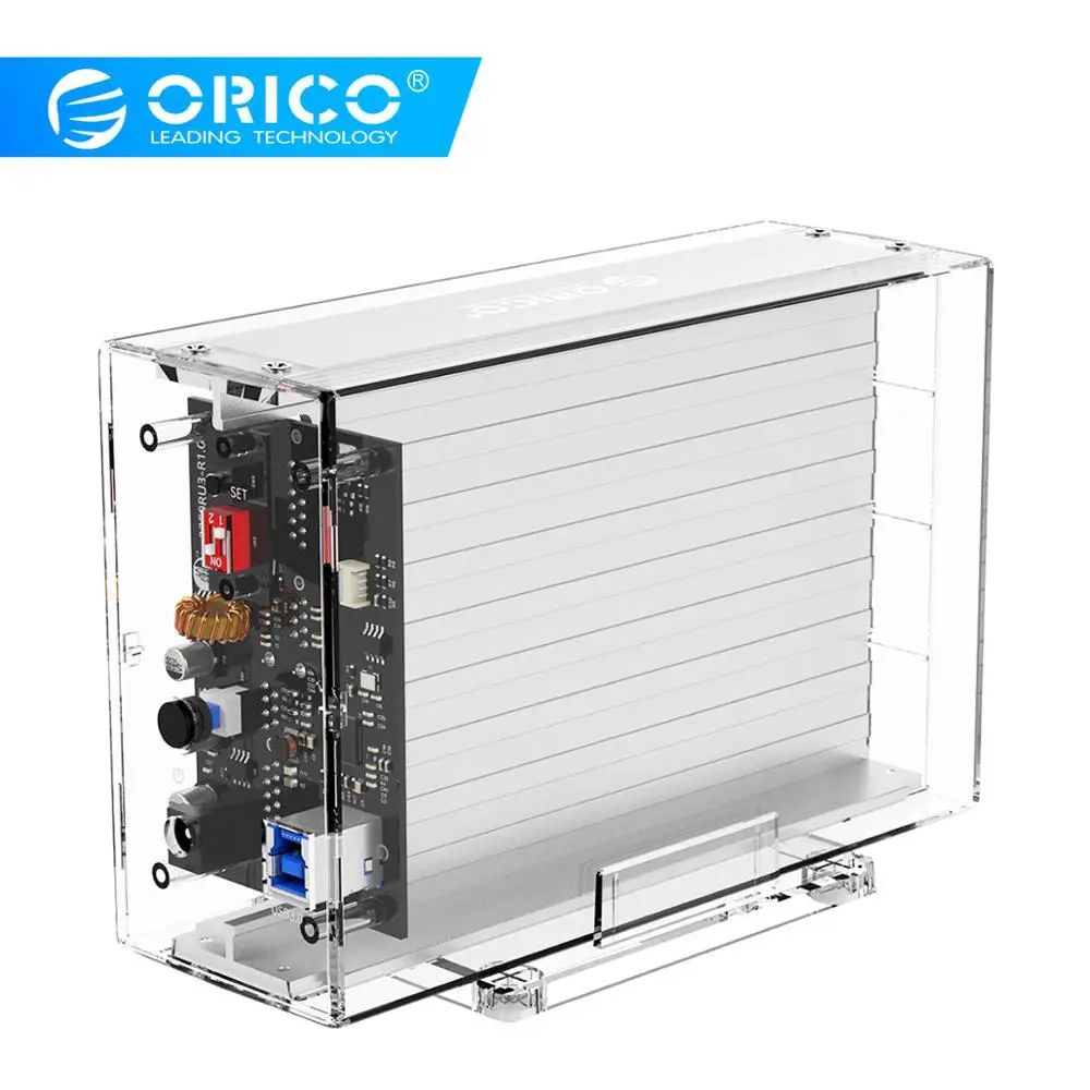 Дешево Чехол ORICO 2 Bay 3,5 для жесткого диска с функцией Raid SATA на USB 3,0, прозрачный корпус для жесткого диска с поддержкой UASP с питанием 12V3A 24 ТБ Max