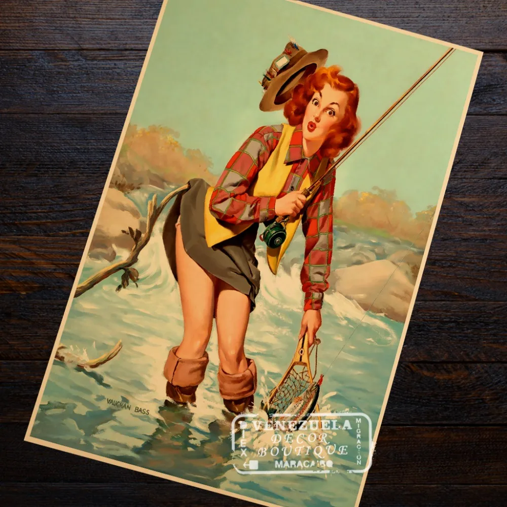 

Sexy Pin Up Fishing Girl Pop Art Propaganda Retro Vintage Kraft Poster Canvas DIY Wall Sticker Home Bar Posters Decoration
