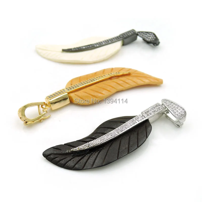 

Micro Pave Clear CZ Ox Bone Carved Leaf Pendant Of Gluing Brass Petiole Cap Approx 65*25*6mm