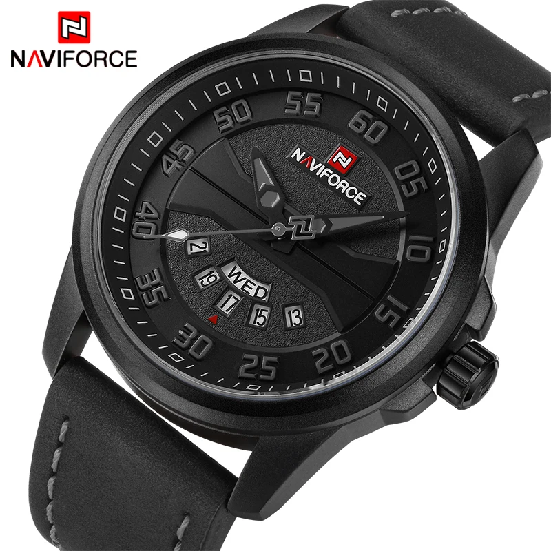 Baratos Nuevo reloj de pulsera deportivo militar con correa de cuero para hombre, reloj de cuarzo para hombre, marca de lujo NAVIFORCE