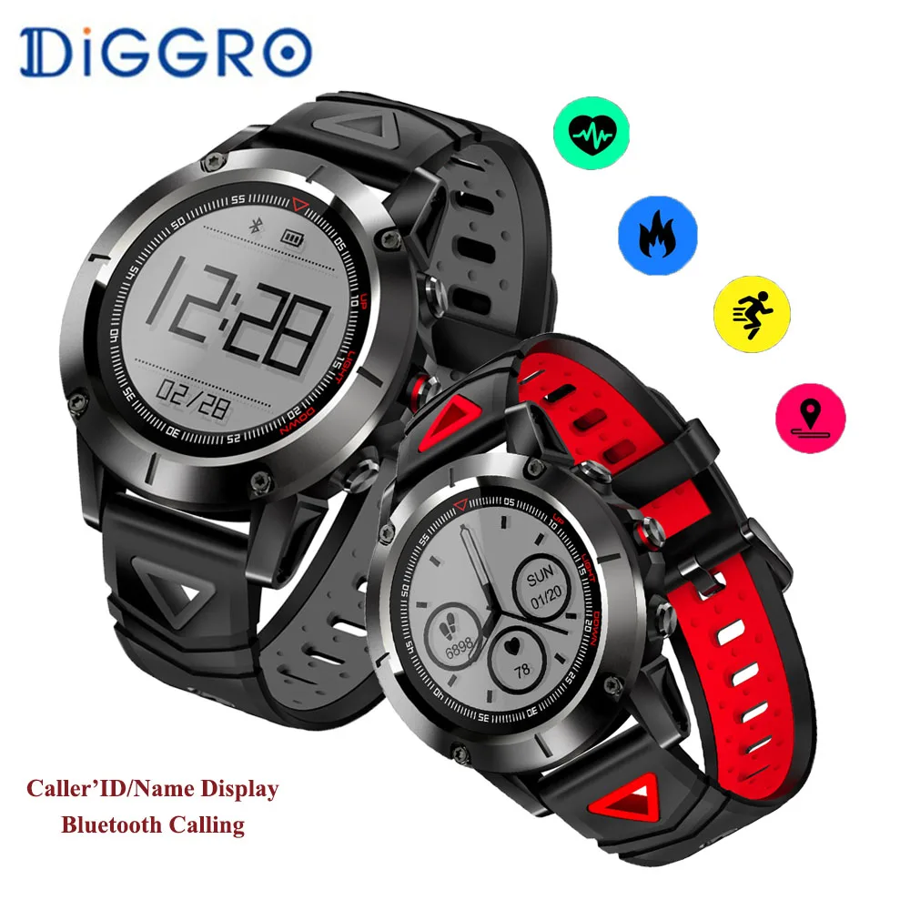 

Diggro G01 GPS Smart Watch Bluetooth Answering Caller'ID display Thermometer Remote Camera Waterproof Smart Watch For Swimming