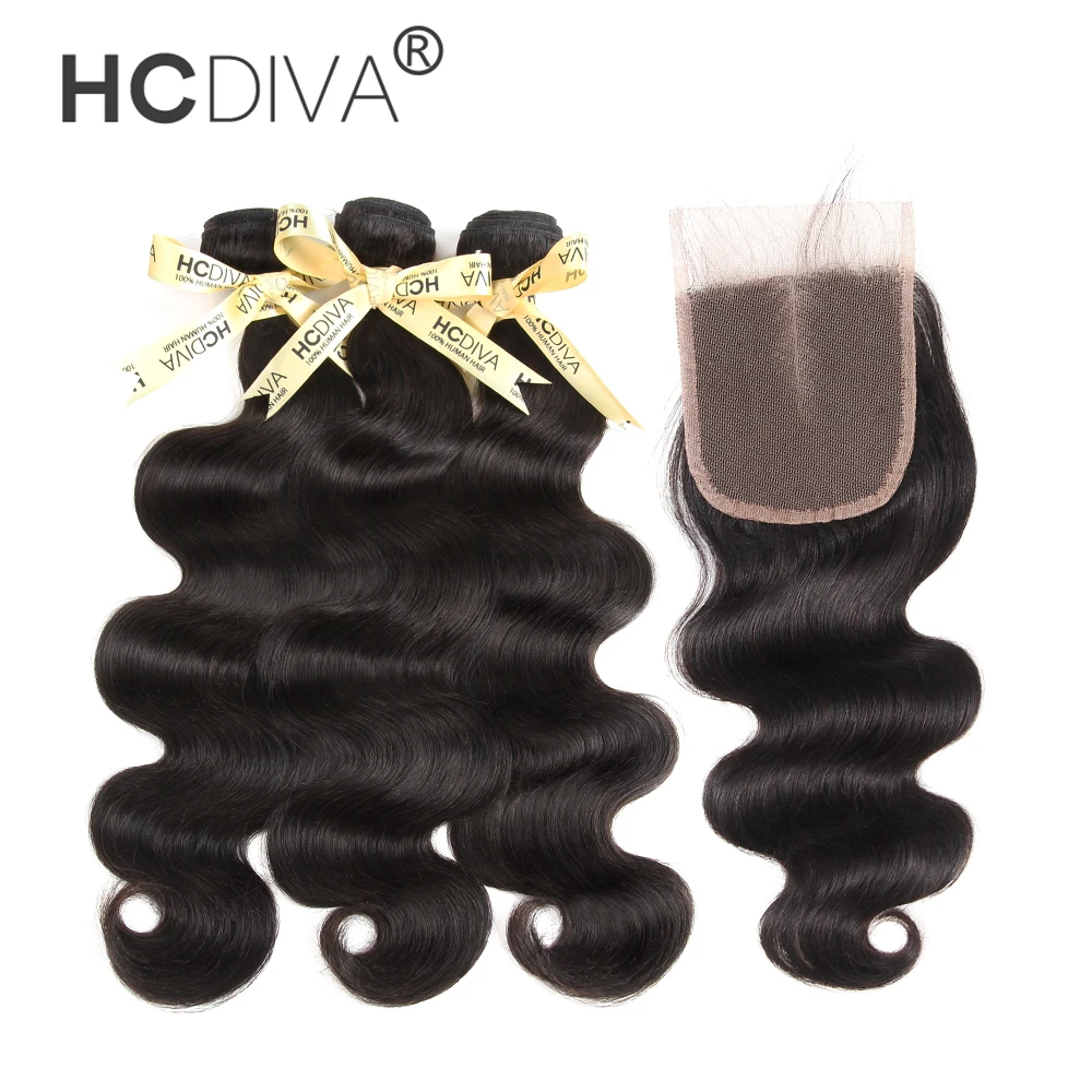 HCDIVA Brazilian Body Wave 3 Bundles With Closure Middle Part Human Hair Weaves and Closure 4 pcs/lot Non Remy Hair Extensions body-wave