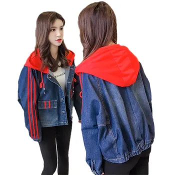 

Women Denim Jacket New Casual Hooded Short Outerwear 2019 Spring Autumn Loose Single-Breasted Stitching Cowgirl Jackets JIA27