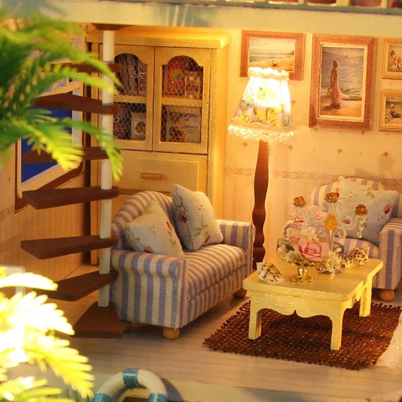 Cute Room DIY DollHouse Miniature Wooden Model With 3D Furnitures Doll House Handmade Toys Gift For Children Maldives A027 #E