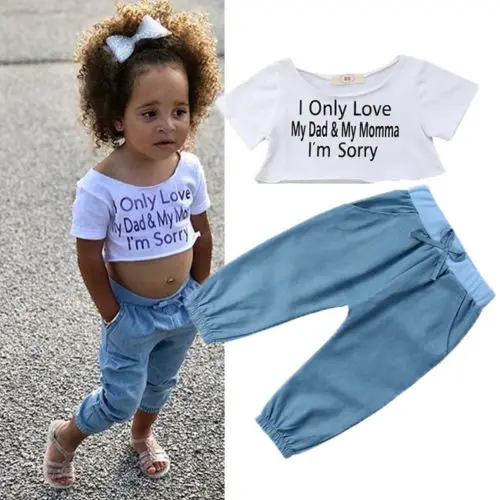 

2018 Summer Fashion Toddler Baby Girl Kids Short Sleeve Letter Bare Belly T-shirt Tops Long Pants 2Pcs Outfits Clothes Set 6M-4T