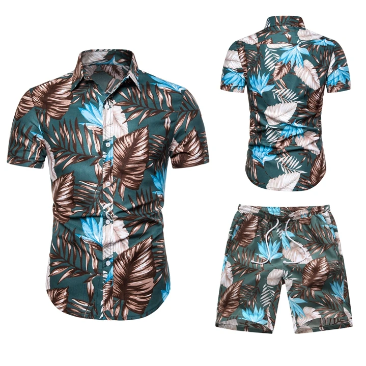 Комплект из двух предметов, Мужская Гавайская футболка с коротким рукавом и принтом, укороченный топ+ шорты, мужские спортивные костюмы, новые повседневные топы, короткие брюки