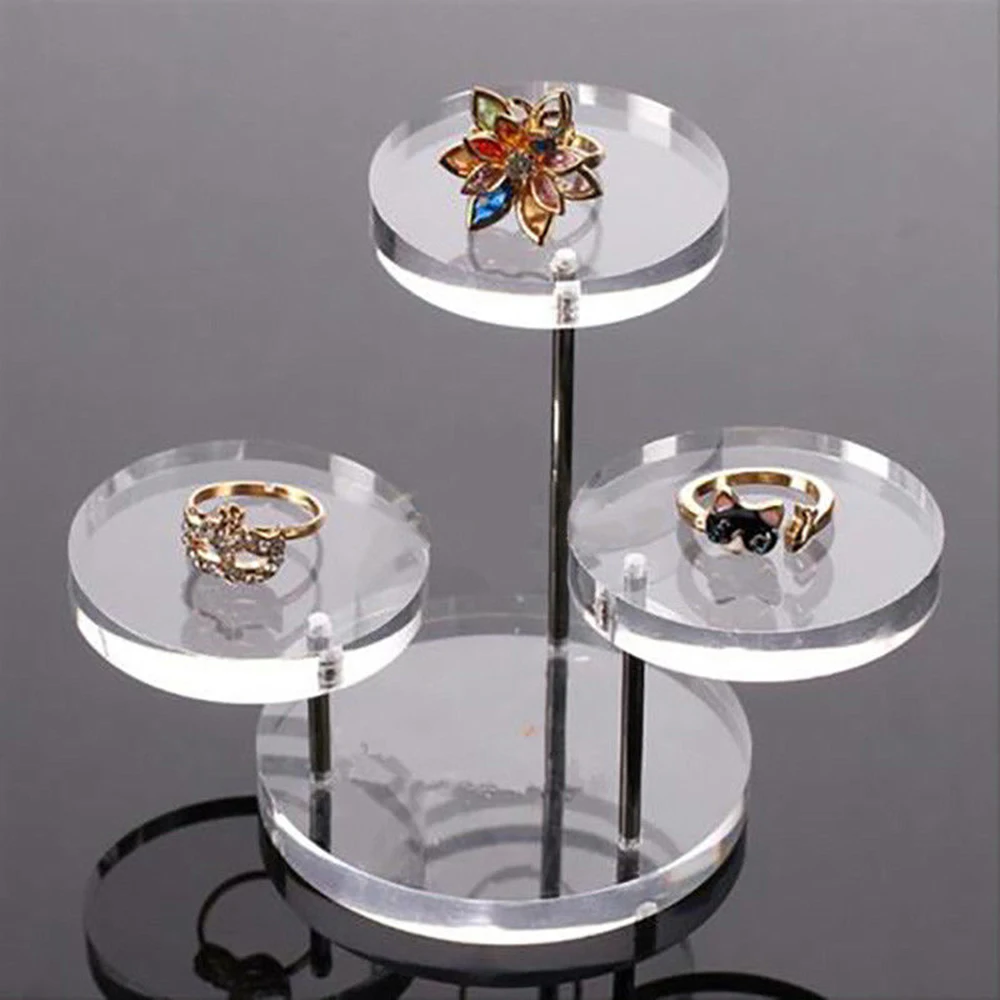 

Simple Transparent Acrylic Necklace Ring Earrings Clear Stand Rotating Three Round Thick Podium Jewelry Ring Display Stand