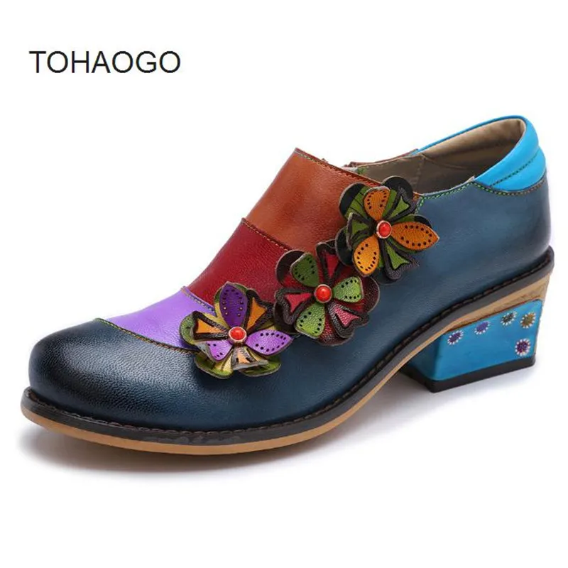 

Fashion mid heel women's shoes Hand stitching bohemian four seasons shoes Genuine Leather thick heel Female shoe Heels obuv
