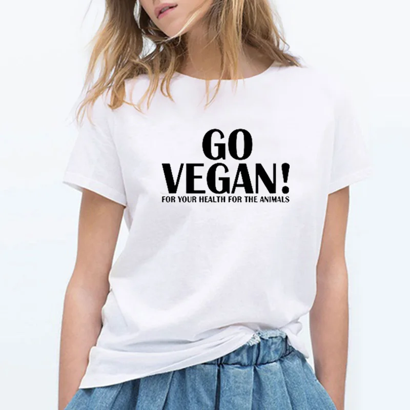 Модная черная женская футболка, хлопок, короткий рукав, свободный крой, летние топы с надписью Go Vegan, футболка с принтом, женская одежда размера плюс